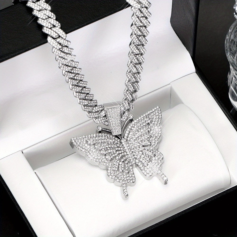 Cuban Link Chain Necklace - Butterfly Pendant for Women Colorful, Elegant Butterfly Charm Silver Gold - product detail view 4