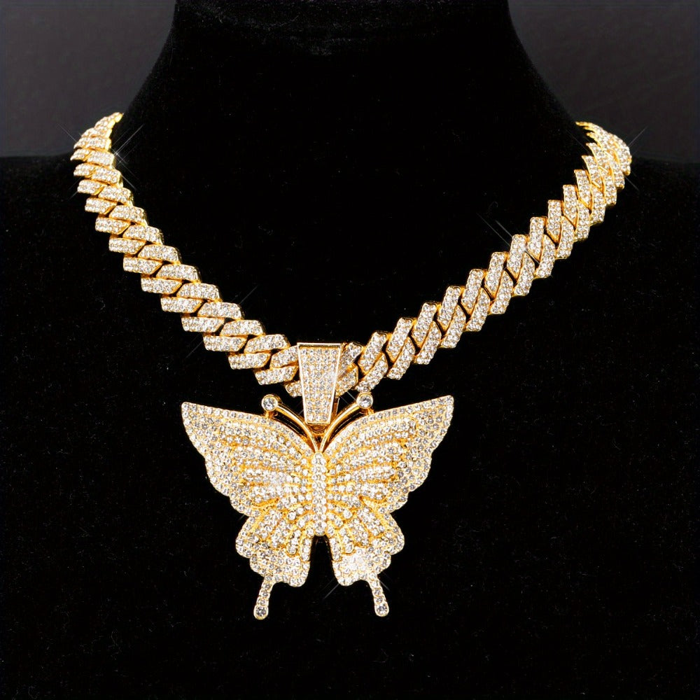 Cuban Link Chain Necklace - Butterfly Pendant for Women Colorful, Elegant Butterfly Charm Silver Gold - product detail view 5