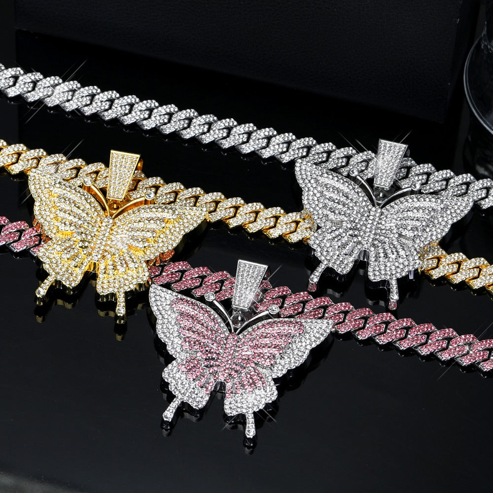 Cuban Link Chain Necklace - Butterfly Pendant for Women Colorful, Elegant Butterfly Charm Silver Gold - product detail view 9