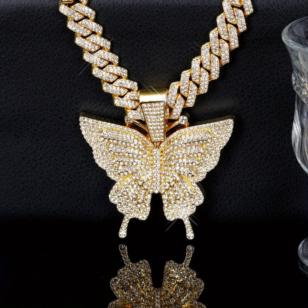Cuban Link Chain Necklace - Butterfly Pendant for Women Colorful, Elegant Butterfly Charm Silver Gold - product detail view