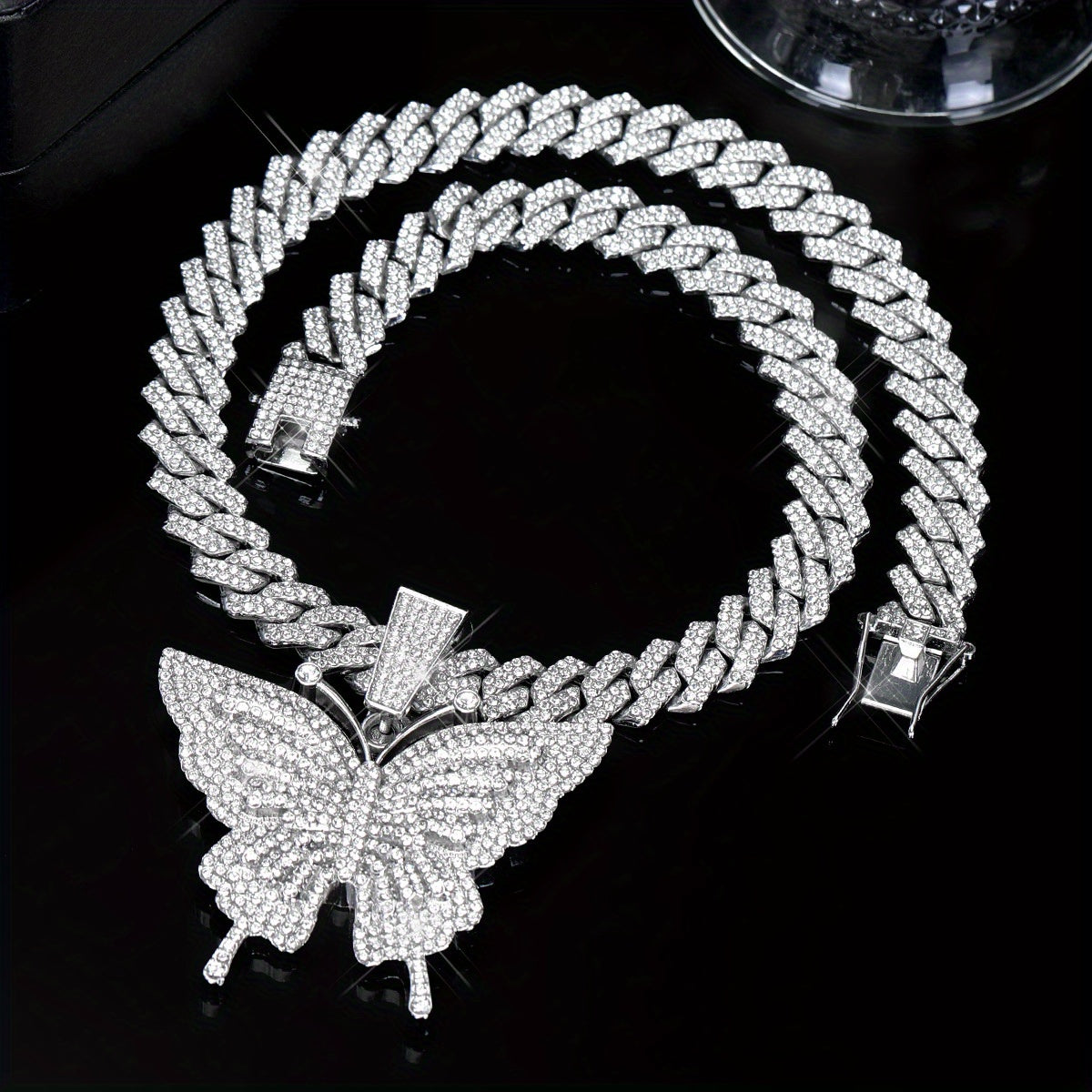 Cuban Link Chain Necklace - Butterfly Pendant for Women Colorful, Elegant Butterfly Charm Silver Gold - product detail view