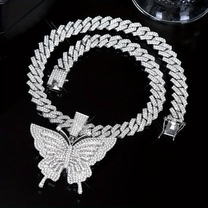 Cuban Link Chain Necklace - Butterfly Pendant for Women Colorful, Elegant Butterfly Charm Silver Gold - product detail view