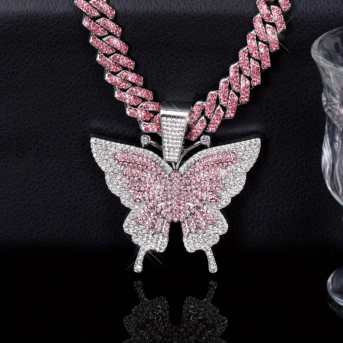 Cuban Link Chain Necklace - Butterfly Pendant for Women Colorful, Elegant Butterfly Charm Silver Gold - product detail view