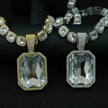 Cuban Link Chain Necklace - with Colored Gem Pendant Hip Hop Alloy , White Green Silver Gold, 18 20 24 - product detail view