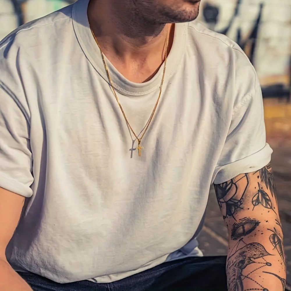 Cuban Link Chain Necklace - Cross Pendant for Men 304 Stainless Steel 18K Gold Plated Minimalist - product detail view 5