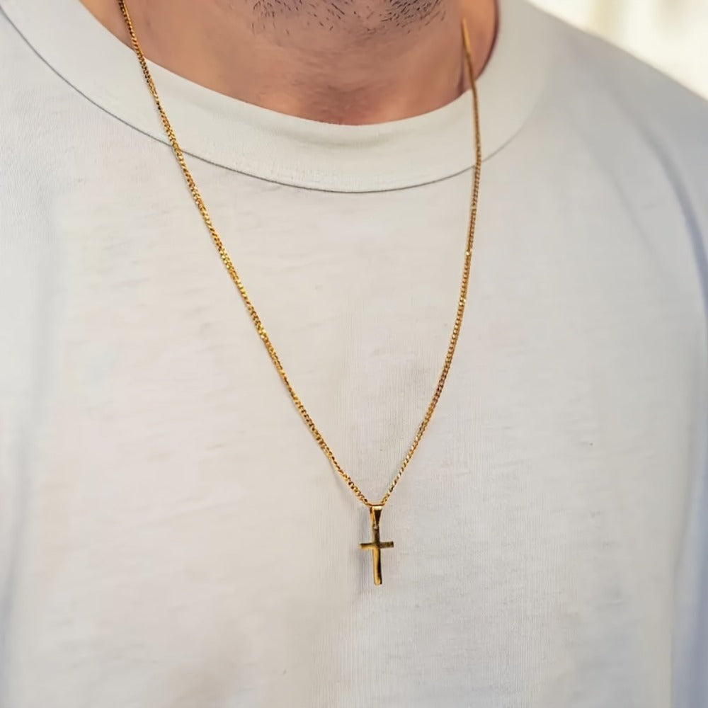 Cuban Link Chain Necklace - Cross Pendant for Men 304 Stainless Steel 18K Gold Plated Minimalist - product detail view 11