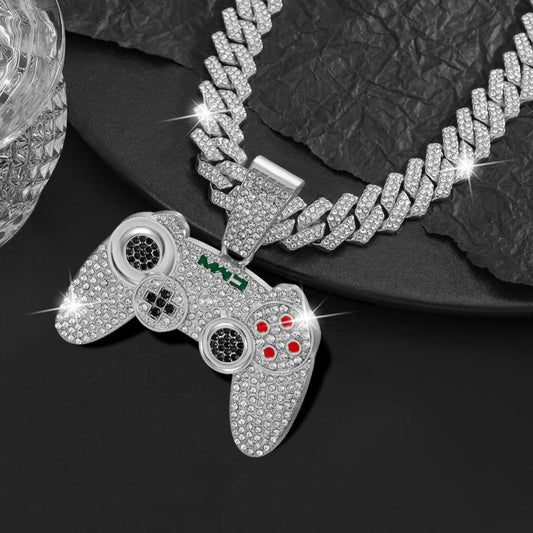 Cuban Link Chain Necklace - Game Controller Pendant Hip Hop Rhinestone Bling Jewelry for Men Silver - main product view