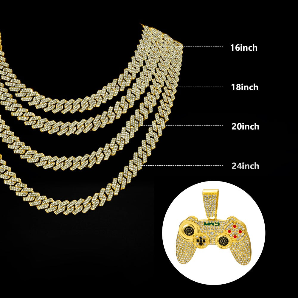 Cuban Link Chain Necklace - Game Controller Pendant Hip Hop Rhinestone Bling Jewelry for Men Silver - product detail view 3