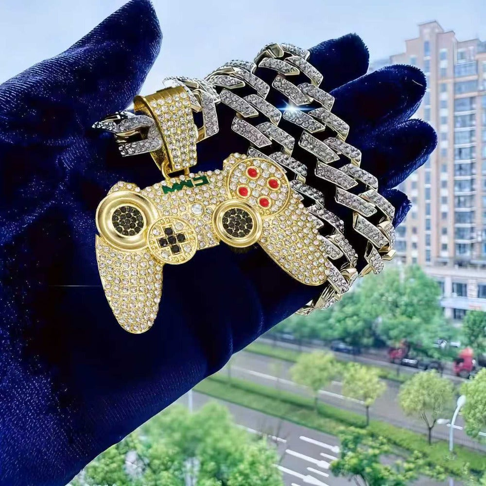 Cuban Link Chain Necklace - Game Controller Pendant Hip Hop Rhinestone Bling Jewelry for Men Silver - product detail view 4