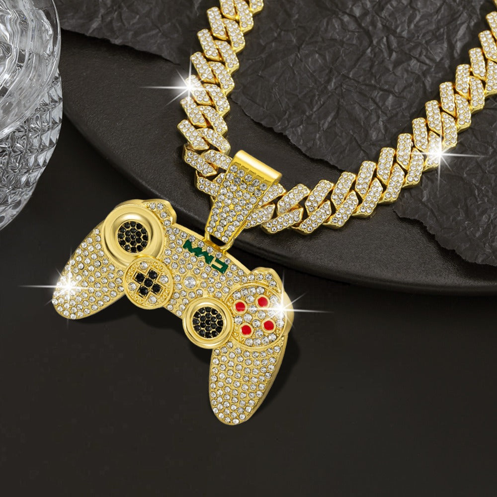Cuban Link Chain Necklace - Game Controller Pendant Hip Hop Rhinestone Bling Jewelry for Men Silver - product detail view 5