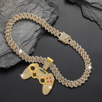 Cuban Link Chain Necklace - Game Controller Pendant Hip Hop Rhinestone Bling Jewelry for Men Silver - product detail view 6