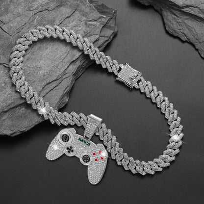 Cuban Link Chain Necklace - Game Controller Pendant Hip Hop Rhinestone Bling Jewelry for Men Silver - product detail view 9