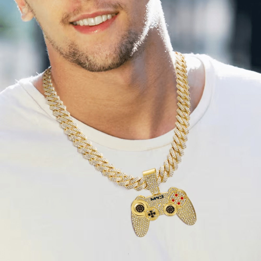 Cuban Link Chain Necklace - Game Controller Pendant Hip Hop Rhinestone Bling Jewelry for Men Silver - product detail view 10