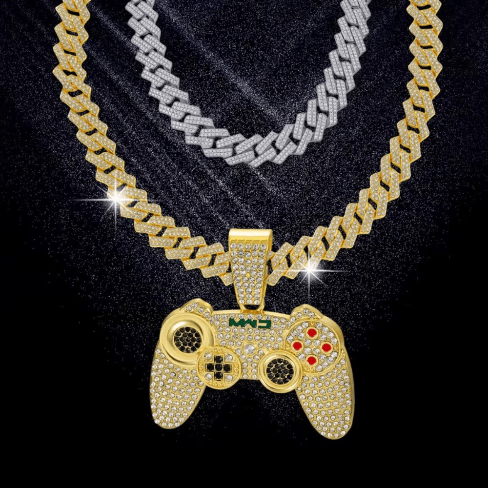 Cuban Link Chain Necklace - Game Controller Pendant Hip Hop Rhinestone Bling Jewelry for Men Silver - product detail view 12