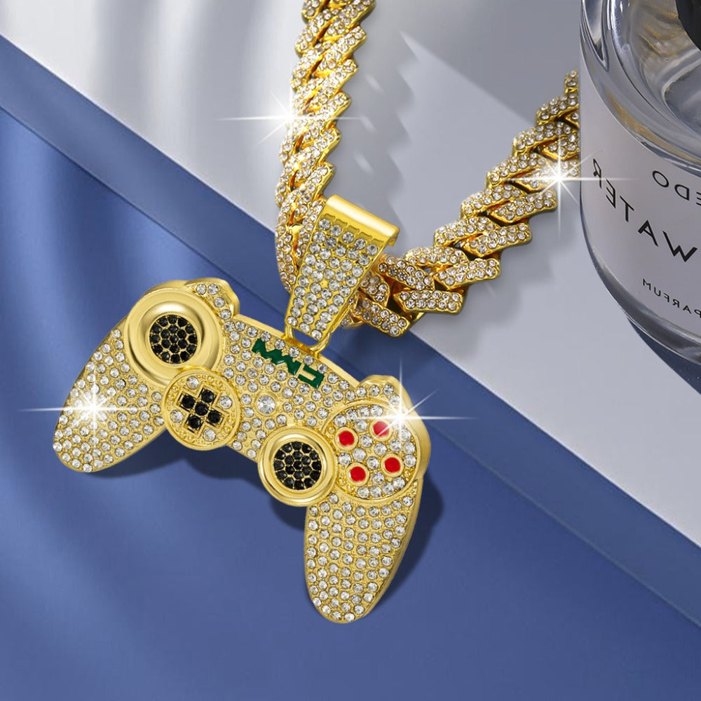 Cuban Link Chain Necklace - Game Controller Pendant Hip Hop Rhinestone Bling Jewelry for Men Silver - product detail view 14