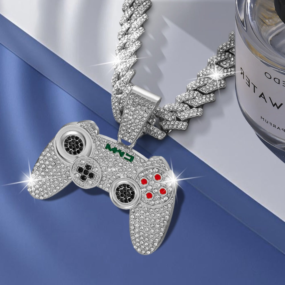Cuban Link Chain Necklace - Game Controller Pendant Hip Hop Rhinestone Bling Jewelry for Men Silver - product detail view 15