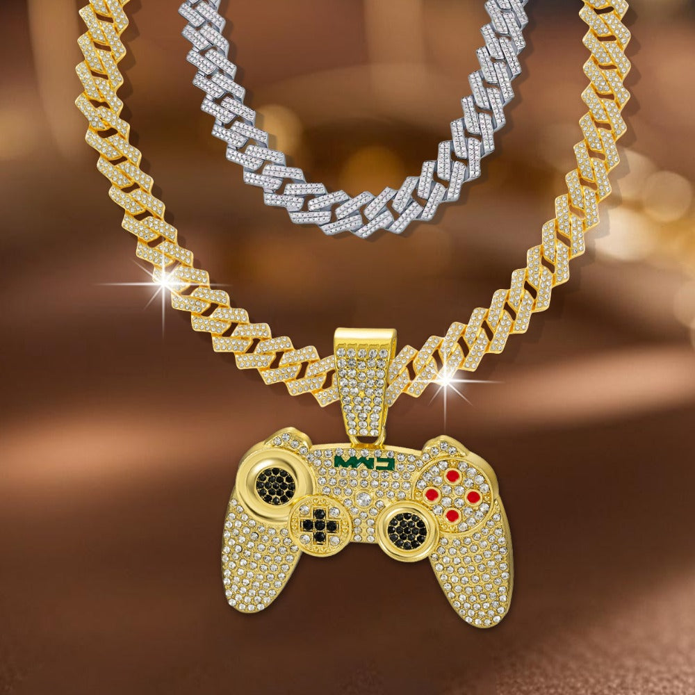 Cuban Link Chain Necklace - Game Controller Pendant Hip Hop Rhinestone Bling Jewelry for Men Silver - product detail view 17