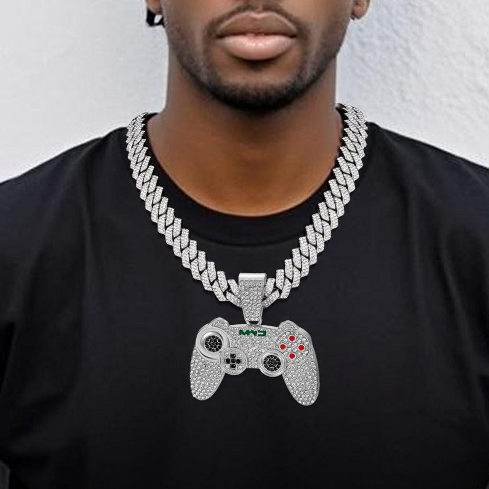 Cuban Link Chain Necklace - Game Controller Pendant Hip Hop Rhinestone Bling Jewelry for Men Silver - product detail view 18
