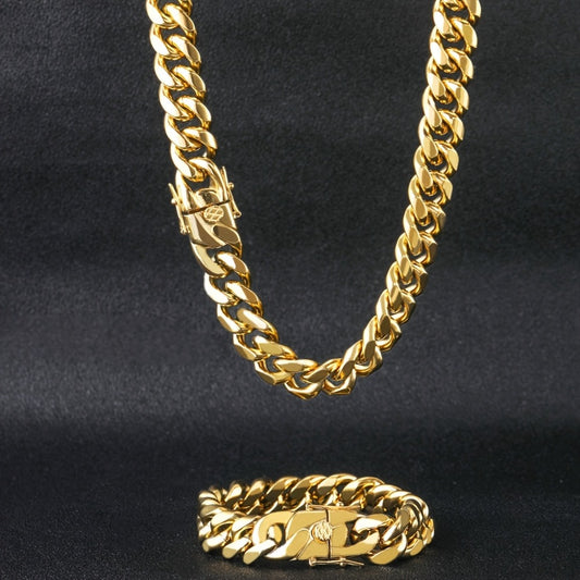 Cuban Link Chain Necklace - Gold & Bracelet Set for Men 2pcs - 18K Gold Plated 316L Stainless Steel - main product view