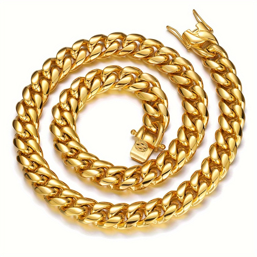Cuban Link Chain Necklace - Gold & Bracelet Set for Men 2pcs - 18K Gold Plated 316L Stainless Steel - product detail view 4