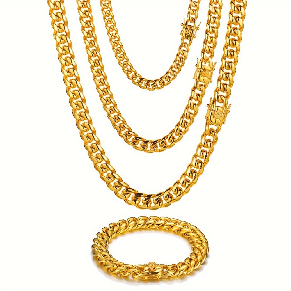Cuban Link Chain Necklace - Gold & Bracelet Set for Men 2pcs - 18K Gold Plated 316L Stainless Steel - product detail view 7