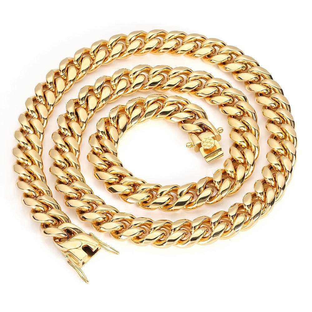 Cuban Link Chain Necklace - Gold & Bracelet Set for Men 2pcs - 18K Gold Plated 316L Stainless Steel - product detail view 8