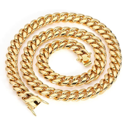 Cuban Link Chain Necklace - Gold & Bracelet Set for Men 2pcs - 18K Gold Plated 316L Stainless Steel - product detail view 8