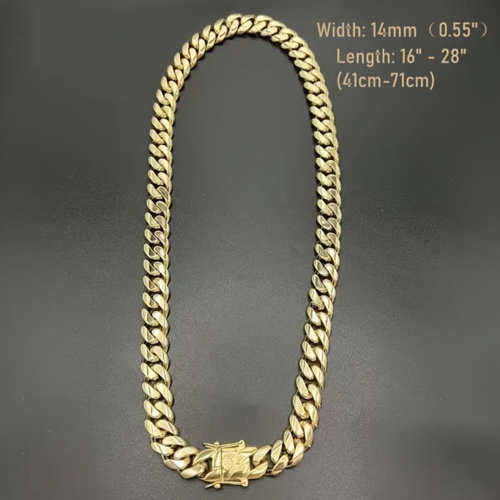 Cuban Link Chain Necklace - Gold-Tone Cuban Chain, Bold Link Statement - size chart Width:14mm （0.55") Length:16"-28"