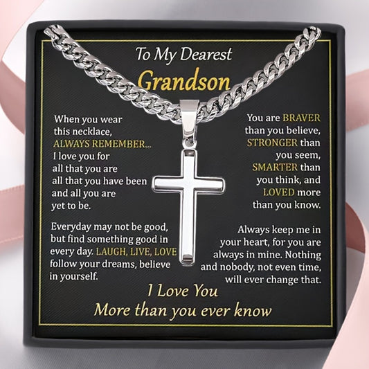 Cuban Link Chain Necklace - Grandson Gift Cross Pendant Meaningful Faith Jewelry with Heartfelt - main product view