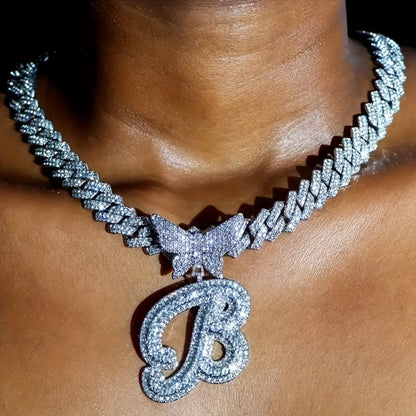 Cuban Link Chain Necklace - Initial Letter for Men Women - with Butterfly Alphabet Pendant A-Z, Gold & - main product view