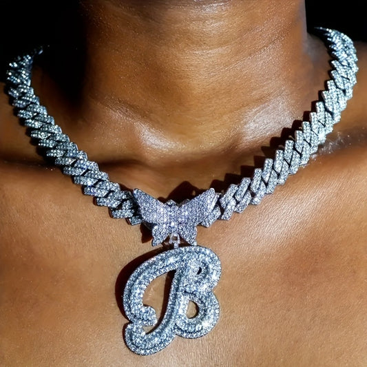 Cuban Link Chain Necklace - Initial Letter for Men Women - with Butterfly Alphabet Pendant A-Z, Gold & - main product view