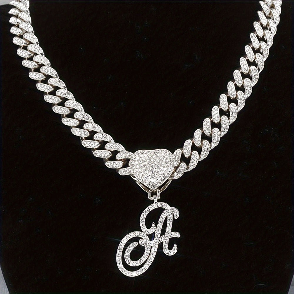Cuban Link Chain Necklace - Initial Letter Heart Shaped Pendant Silver Personalized Alphabet for Women - main product view