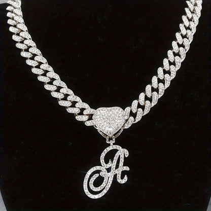 Cuban Link Chain Necklace - Initial Letter Heart Shaped Pendant Silver Personalized Alphabet for Women - main product view