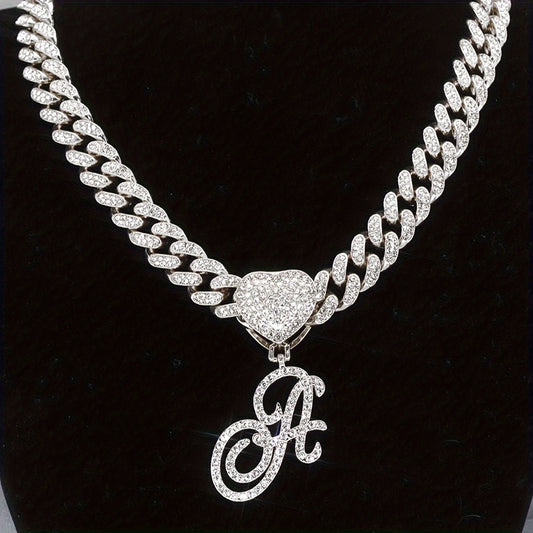 Cuban Link Chain Necklace - Initial Letter Heart Shaped Pendant Silver Personalized Alphabet for Women - main product view