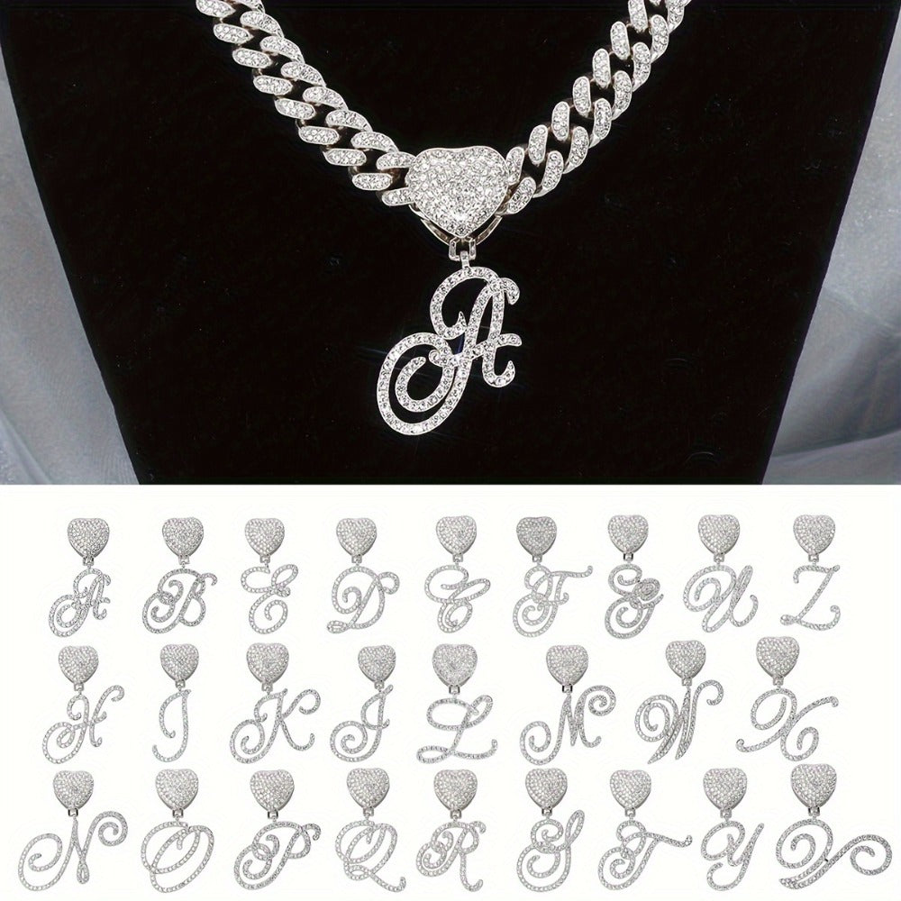 Cuban Link Chain Necklace - Initial Letter Heart Shaped Pendant Silver Personalized Alphabet for Women - product detail view