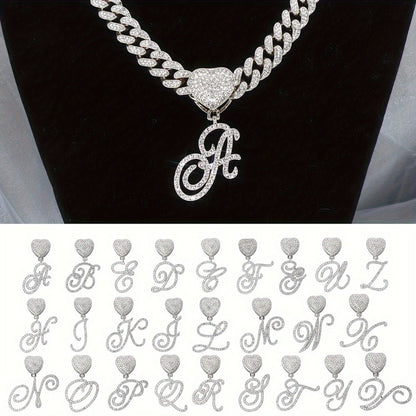 Cuban Link Chain Necklace - Initial Letter Heart Shaped Pendant Silver Personalized Alphabet for Women - product detail view