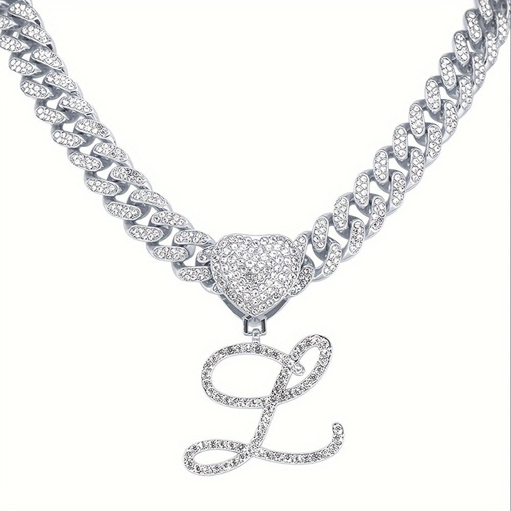 Cuban Link Chain Necklace - Initial Letter Heart Shaped Pendant Silver Personalized Alphabet for Women - product detail view