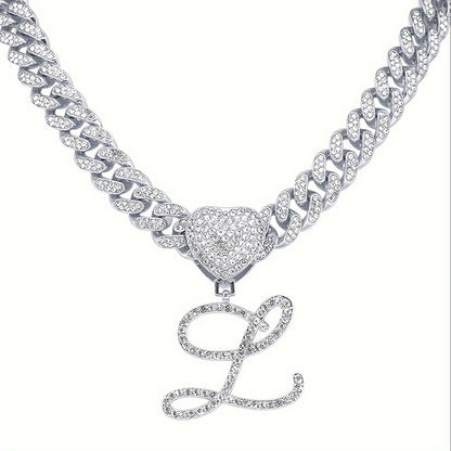 Cuban Link Chain Necklace - Initial Letter Heart Shaped Pendant Silver Personalized Alphabet for Women - product detail view