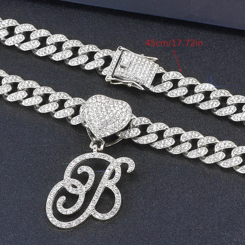 Cuban Link Chain Necklace - Initial Letter Heart Shaped Pendant Silver Personalized Alphabet for Women - product detail view