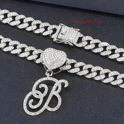 Cuban Link Chain Necklace - Initial Letter Heart Shaped Pendant Silver Personalized Alphabet for Women - product detail view