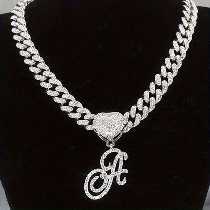 Cuban Link Chain Necklace - Initial Letter Heart Shaped Pendant Silver Personalized Alphabet for Women - product detail view