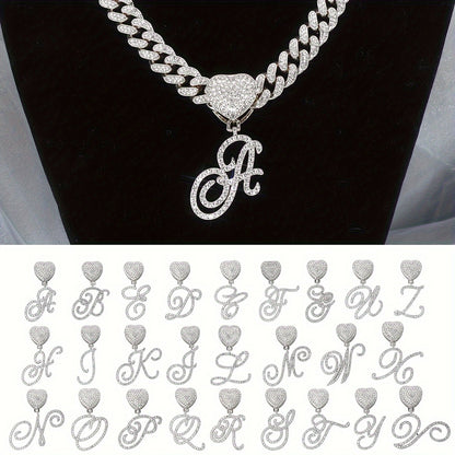 Cuban Link Chain Necklace - Initial Letter Heart Shaped Pendant Silver Personalized Alphabet for Women - product detail view