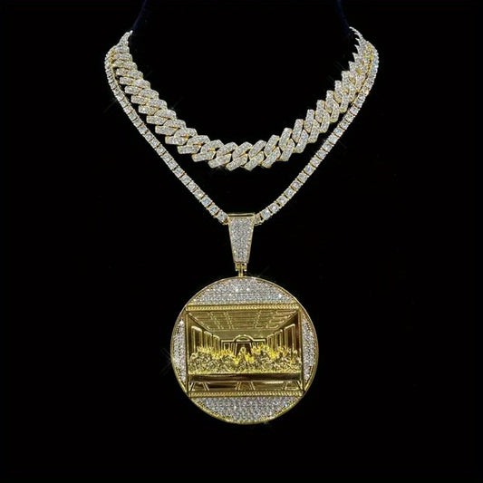 Cuban Link Chain Necklace - Last Supper Pendant Set of 2 for Men Hip Hop & Tennis Combo, Religious - main product view