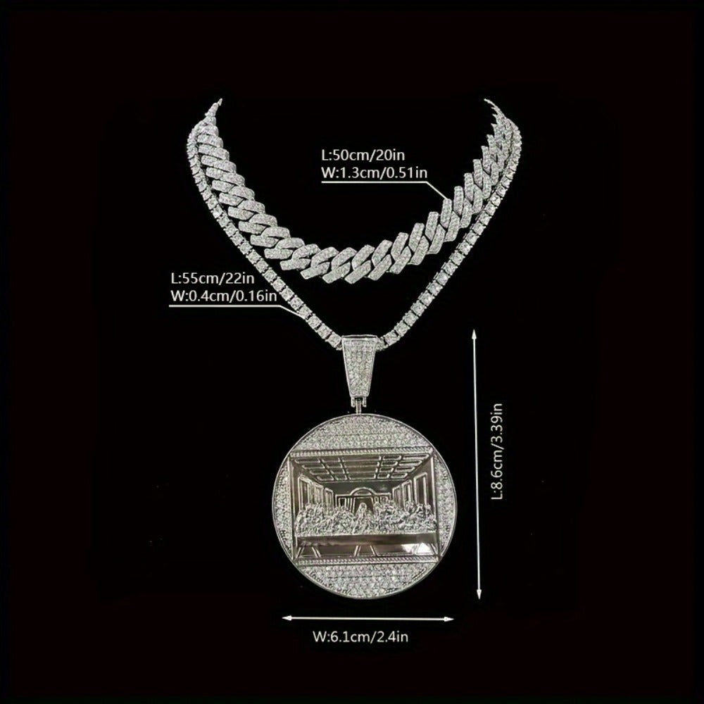 Cuban Link Chain Necklace - Last Supper Pendant Set of 2 for Men Hip Hop & Tennis Combo, Religious - product detail view 2