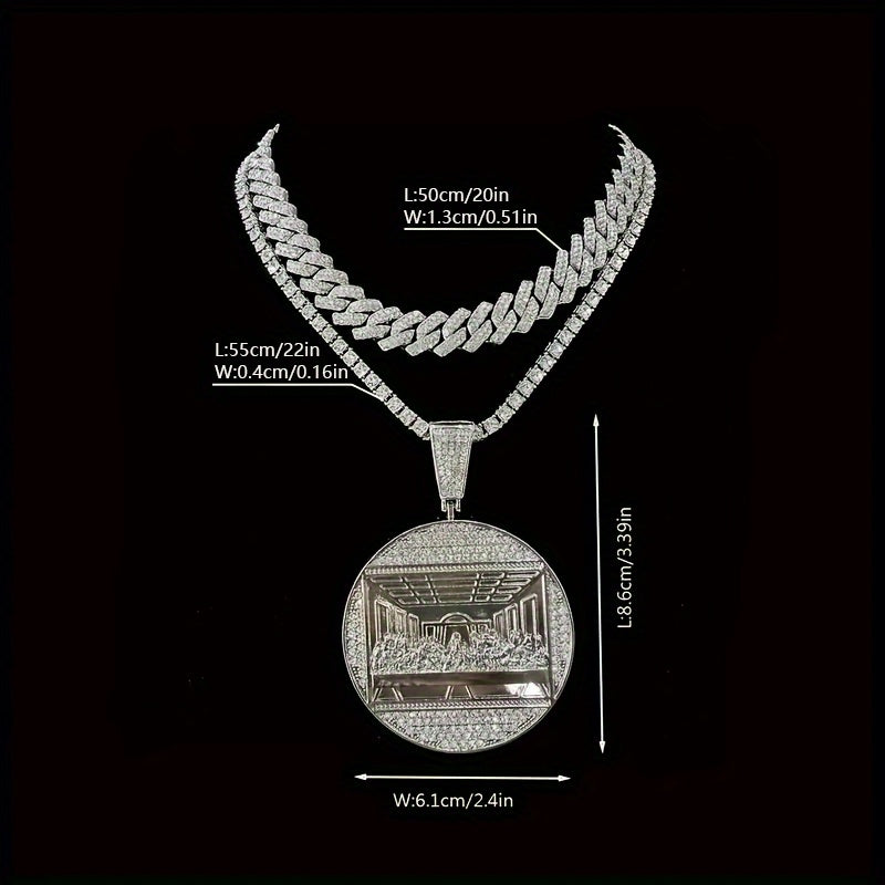 Cuban Link Chain Necklace - Last Supper Pendant Set of 2 for Men Hip Hop & Tennis Combo, Religious - product detail view 7