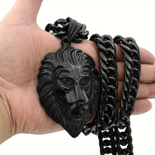 Cuban Link Chain Necklace - Lion Head Pendant Stainless Steel Men Bold Statement Hip Hop Jewelry Black - main product view