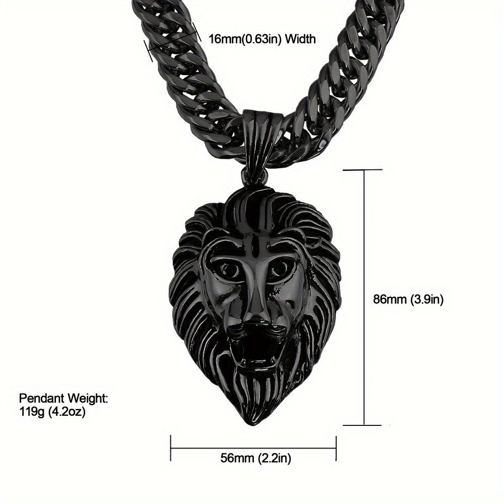 Cuban Link Chain Necklace - Lion Head Pendant Stainless Steel Men Bold Statement Hip Hop Jewelry Black - product detail view