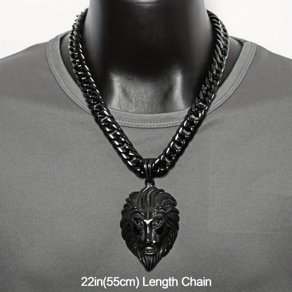 Cuban Link Chain Necklace - Lion Head Pendant Stainless Steel Men Bold Statement Hip Hop Jewelry Black - product detail view