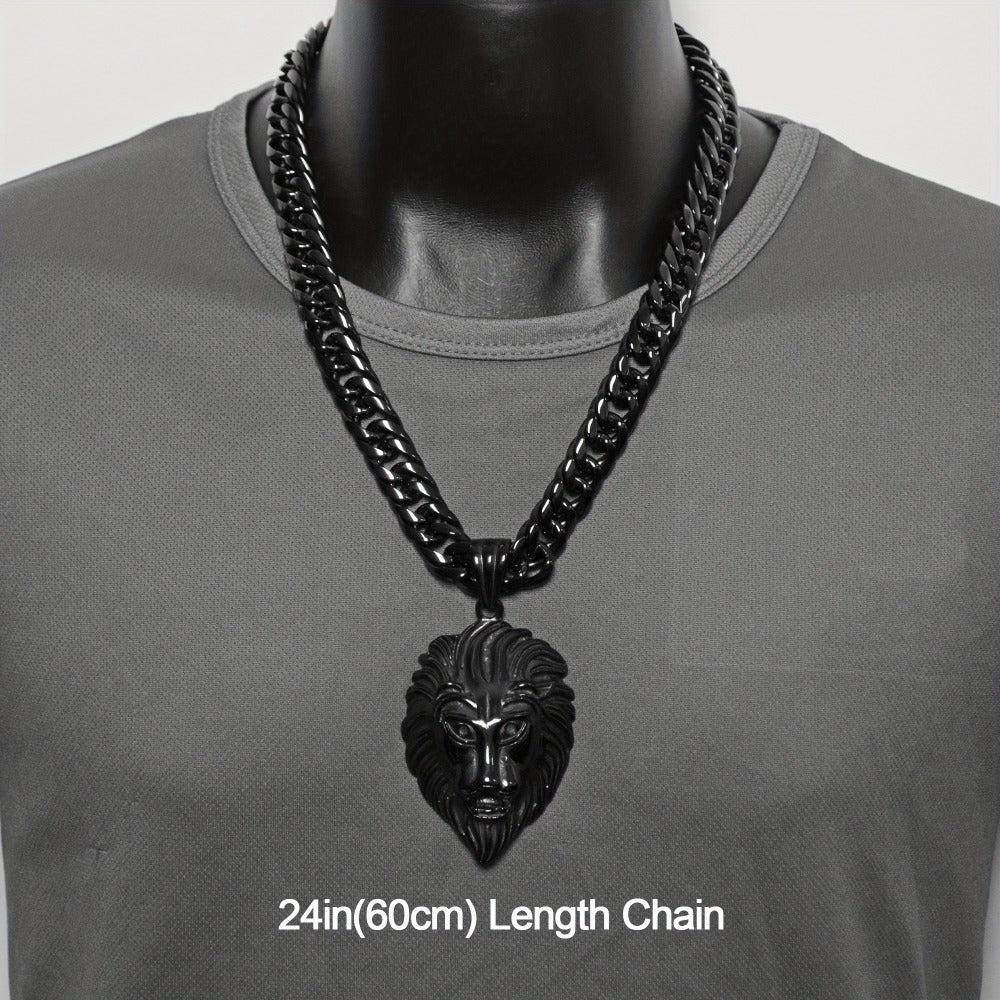 Cuban Link Chain Necklace - Lion Head Pendant Stainless Steel Men Bold Statement Hip Hop Jewelry Black - product detail view