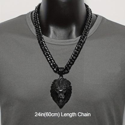 Cuban Link Chain Necklace - Lion Head Pendant Stainless Steel Men Bold Statement Hip Hop Jewelry Black - product detail view